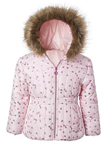 Sportoli Girl Winter Dot Heart Foil Print Puffer Jacket Coat Faux Fur Trim Hood - Pink Hearts (Size 6X)4