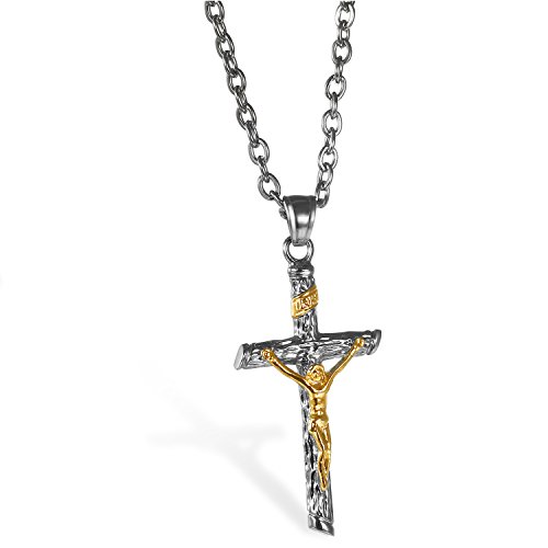 JewelryWe Schmuck Edelstahl Klassisch Jesus Christus Kruzifix Kreuz Anhänger mit 55cm Kette, Halskette für Herren und Damen, Gold Silber