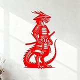Wand- und Wandaufkleber aus Vinyl Ein Samurai-Drache in Rüstung steht in Kampfstellung mit einem Katana-Schwert. 36x61.1cm Kunstvolle Wandmalerei Rot