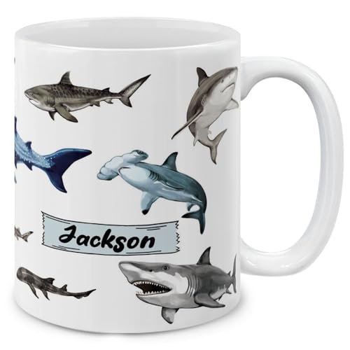 MUGBREW Personalized Coffee Mug with Your Name or Text, Customized Gifts For Christmas Birthday Anniversary, Ceramic 11 OZ Coffee Mug Tea Cup - Sharks Pattern
