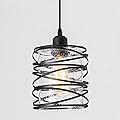 FISGONI Modern Mini Pendant Light Fixture Kitchen Island Pendant Lighting 6.30''Matte Black Spiral Cage Handblown Clear Seeded Glass Shade Hanging Lamp Adjustable Cord for Dining Room 1-Pack,E26