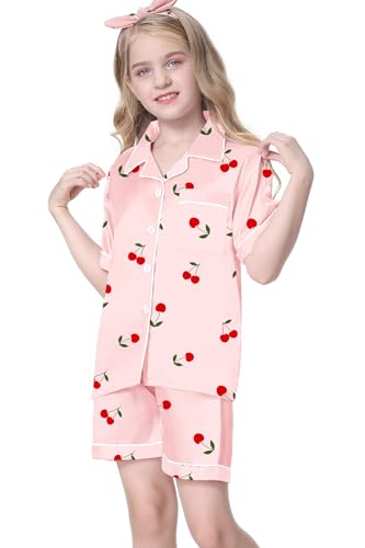 Image of Umeyda Women & Girls Pajamas Set, Soft Satin Lightweight Silk Button-Down Top with Shorts 2 Piece PJS for Mom Boys Kids Gifts