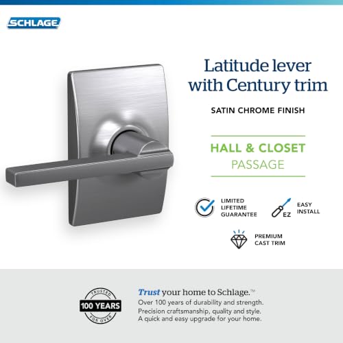 Image of SCHLAGE Latitude Hall /Closet Passage Door Handle, Reversible, Satin Chrome | Hall or closet lever door handle with no lock, Easy to install, Certified durability, Universal fit