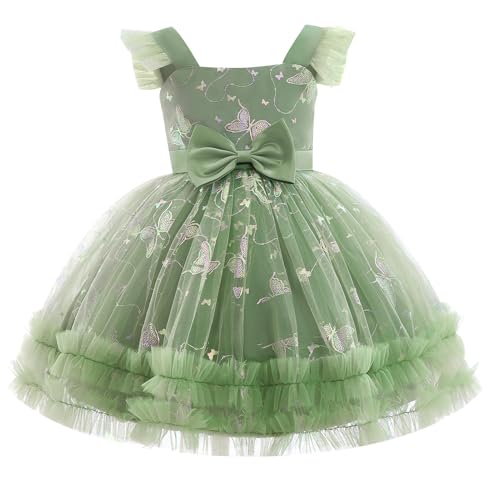 Baby Girl Flutter Sleeve Butterfly 1st 2nd 3rd 4t 5t Birthday Outfits Toddler Pageant Tea Party First Communion Fancy Ball Gown Princess Easter Flower Girl Formal Wedding Dress Sage Green 3-4 Years