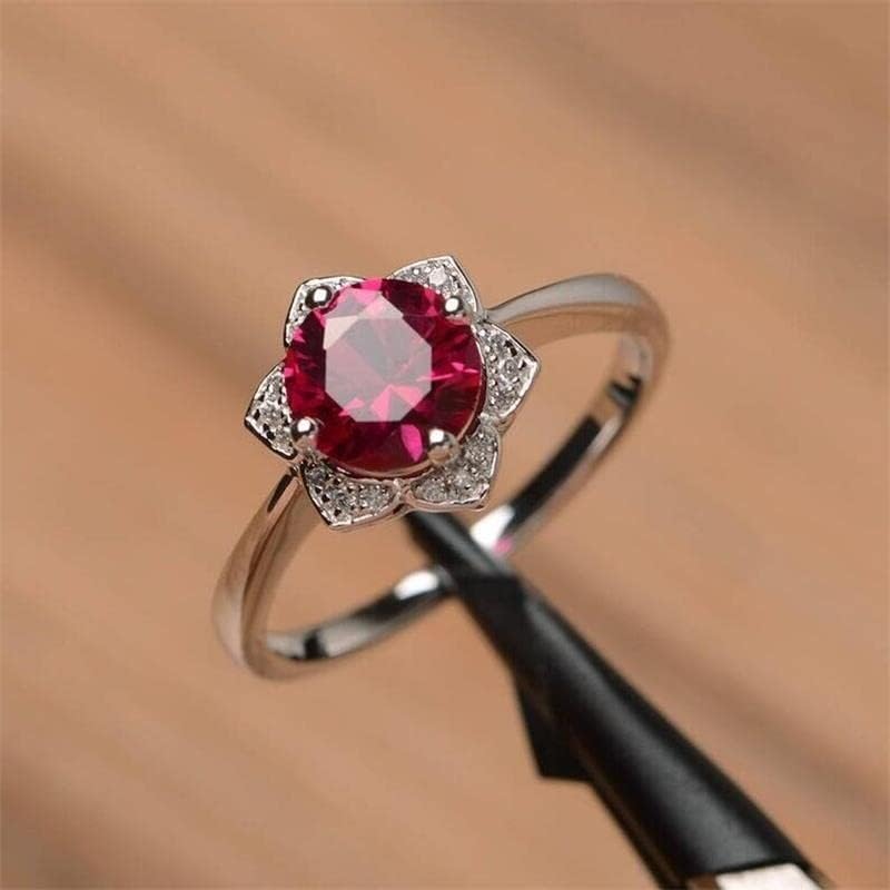 QUSIIOSLK Round Cut Ruby CZ Diamond Lotus Flower Ring 925 Sterling Silver Red Gemstone Ring with AAA Cubic Zirconia Yoga High Polish Wedding Band Ring Jewelry for Women 9 - Image 6