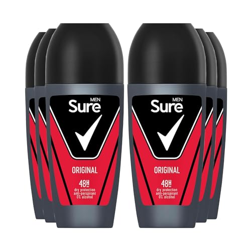 Sure Antiperspirant Roll On Original 48H Sweat and Odour Protection Roll On with Citrusy, Spicy and Woody Scent Deodorant for Men, 50ml Pack of 6