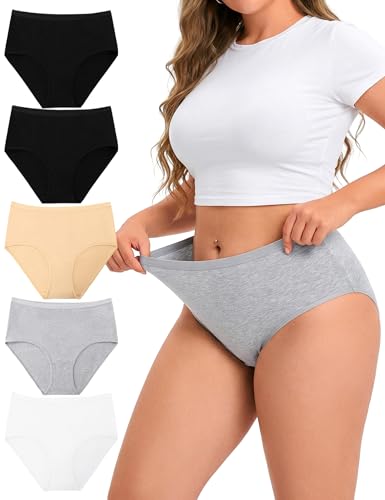 Ocexteur Unterhosen Damen Hohe Taille Baumwolle 5er Pack Hipster Slips Atmungsaktiv Pantys Damen Bauchweg