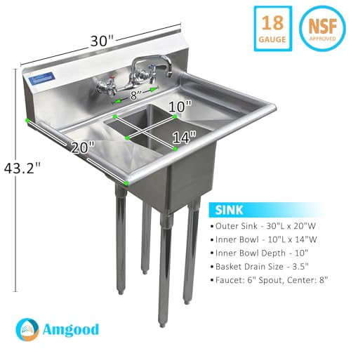 Image of AmGood Stainless Steel Prep & Utility Sink | 304 Stainless Steel | Restaurant, Kitchen, Laundry, Garage | NSF (Bowl Size: 10 inchx14 inchx10 inch + Faucet + 2 Drainboards)