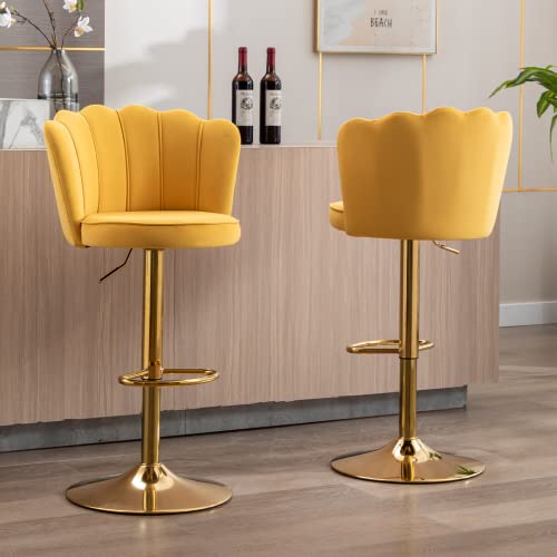 Janoray Velvet Adjustable Bar Stools With Petal Backs Set Of 2 Swivel Modern Counter Bar Height Stool Chairs With Gold Footrest And Base Barstools For Home Bar/Kitchen/Dining Bar, Yellow #TOP12