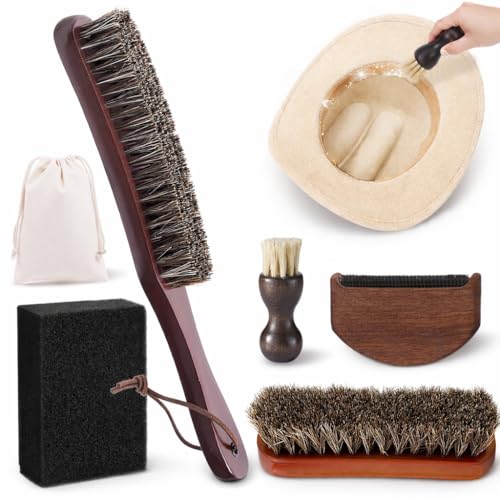 5 Pcs Felt & Cowboy Hat Cleaning Brush Kit Premium Horsehair Brush with Sponge Removes Dust Lint Pet Hair & Sweatband Buildup Versatile Care for Fedoras Western Hats Caps Suits Shoes