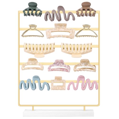 SNOWSTAR Hair Claw Clip Holder Organizer - 5 Tier Iron Rod Hair Clip Holder Storage for Women Girls Wood Base Desktop Organizer
