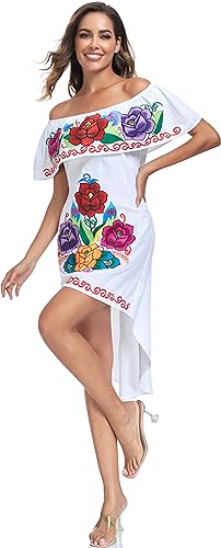 Image of YZXDORWJ Women's Mexican Asymmetrical Dress Embroidered Floral Off-Shoulder Cocktail Latina Fiesta Dress