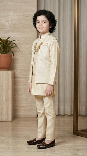 Image of AHHAAAA Kids Ethnic Silk Blend Waistcoat Kurta Pyjama 3 Piece Sherwani Set For Boys |540|