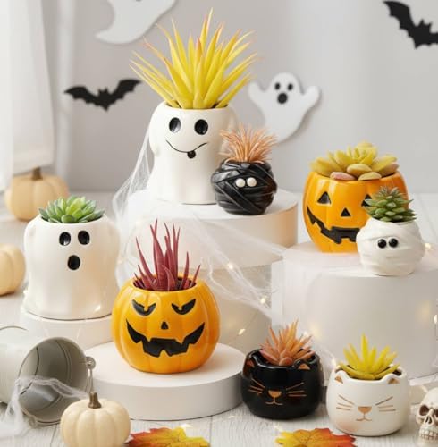 DoubleFill 8 Pcs Halloween Ceramic Succulent Pots, Halloween Plan...