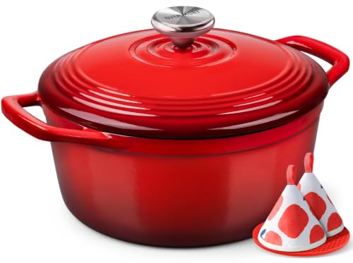 Overmont Enameled Cast Iron Dutch Oven - 5.5QT Pot with Wide Handles Lid Cookbook & Cotton Potholders - Heavy-Duty Pre-Seasoned Cookware Oven Safe to 500F for Braising Stews Roasting Sourdough Baking