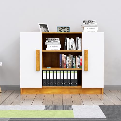 Image of Bniture Storage Cabinet Wooden Sideboard for Living Room with 3 Shelf & 2 Door Multipurpose Book Shelf Storage Organizer Cabinet for Office Home Hallway Drawing Room Bedroom |Giant Wood & Frosty White