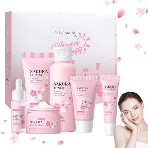 MINGRUO Sakura Ensemble de Soins du Visage, Coffret de soins 6 pièces Sakura, Kit de Soins de Peau Hydratants, Coffret Cadeau Femme Soins pour le Visage
