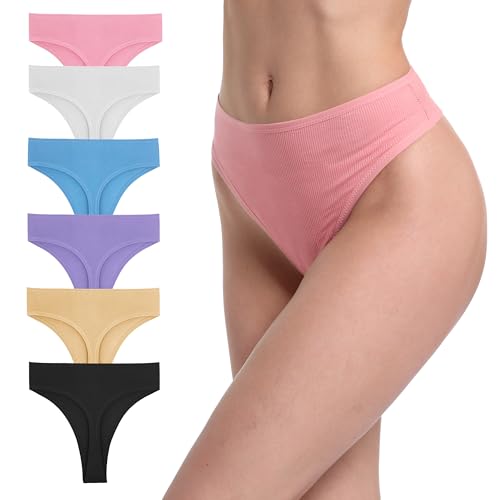 GAREDOB Ropa Interior Tipo Tanga de Talle Alto, Reductor de Abdomen, de algodón Acanalado, Brillantes, Talla M, Paquete de 6