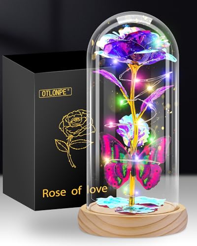 Otlonpe Rose Flower Gifts for Women,Mothers Day Flowers Gifts for Mom Wife Grandma,Birthday Gifts for Women,Led Light Up Glass Rose Handmade Flower Women Gifts for Mothers Day Christmas (Wood Purple)