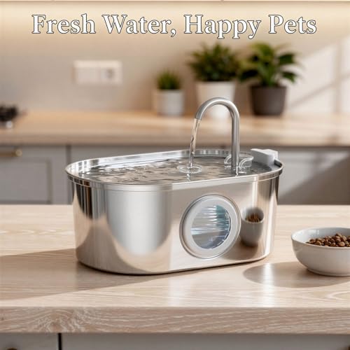 Fuente de agua para mascotas de acero inoxidable 3.2L con filtro multicapa y ventana visible 6