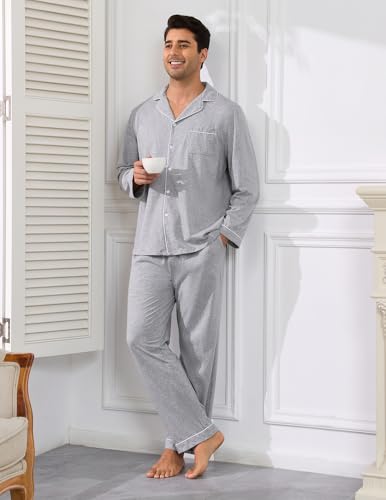 Image of Veseacky Mens 100% Cotton Pajamas Set Long Sleeve Button Down Sleepwear Soft Loungewear Pjs with Pockets