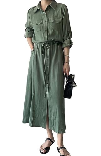 Image of Women Roll-Up Long Sleeve Button Down Shirt Midi Dress