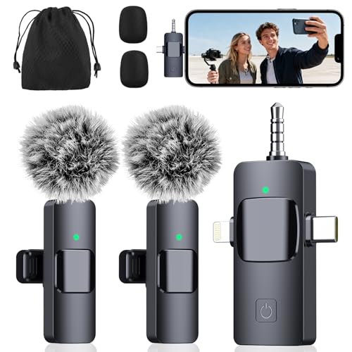 3-in-1 Microphone for iPhone, Android, iPad, Camera, Wireless Microphones, Mini Microphone, Lapel Mic with Noise Reduction, Crystal Clear Sound & 7H Battery for Recording, YouTube, Podcast, Vlogging