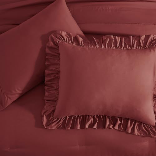 Image of King Size Comforter Set Syrah Red Ruffle 7 Pieces Farmhouse Bed in a Bag