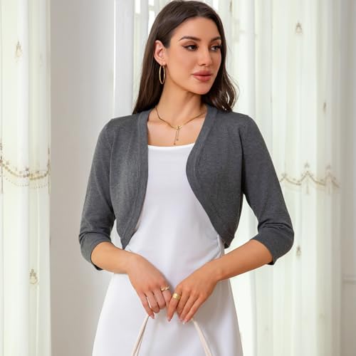 Image of Women's Cropped 3 /4 Sleeve Knit Cardigan - Open Front Bolero Shrug (Dark Gray-M)