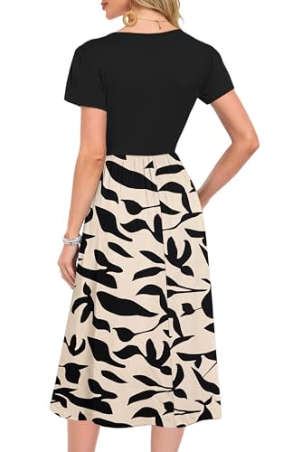 MOLERANI Sommerkleid Damen Elegant Kleider Rundhals Midi Kleid Loose Swing Freizeitkleid mit knielangen Taschen Aprikose Schwarz Blatt L 4
