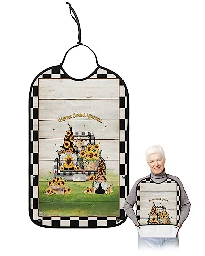 Sunflower Adult Bibs for Eating, Waterproof Bibs with Food Catcher & Adjustable Snap Closure, Farmhouse Black White Plaid Truck Wood Washable Clothing Protectors Adult Bibs for Elderly Women/Men