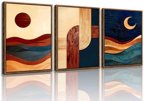 【3-Piece】 24x36 Inch Framed Sun & Moon Modern Abstract Wall Art - Boho Mid-Century Geometric Canvas Decor for Living Room