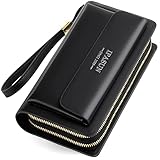 Mens Clutch Hand Bag Large Capacity Wristlet Long Wallet Leather Handbags for Cell Phone Passport Checkbook Business Card Holder Birthday Holiday Gifts Black Sales Friday Deals (Black)