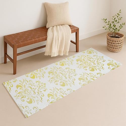 Image of SAGON 2x5 Ft Printed Runner Carpet - Cotton Bedside Rug for Bedroom & Living Room (Antique Floral Golden -2)