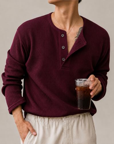 Image of AUSK Men's Textured Henley T-Shirt || Full Sleeve Ribbed Knit Button Neck T Shirt for Men || Regular Fit Casual Wear Tee || Smart Casual Tshirt for Mens