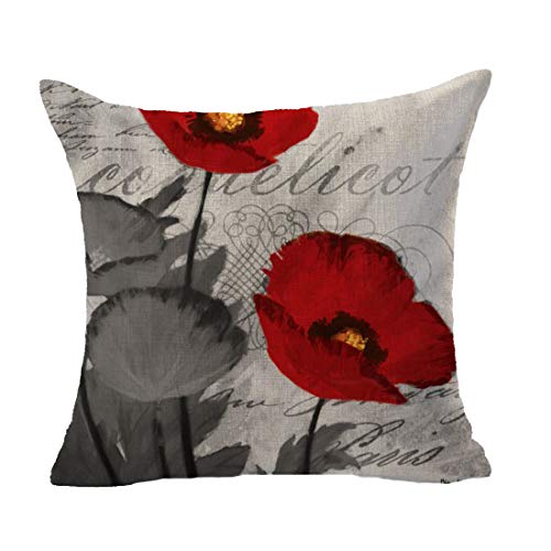 Set Of 4 Plant Beautiful Poppy Red And Gray Background Cotton Linen Throw Pillowcase Couch Pillow Cover Square 18X18 Inch Decorative Pillow For Family Birthday #TOP1