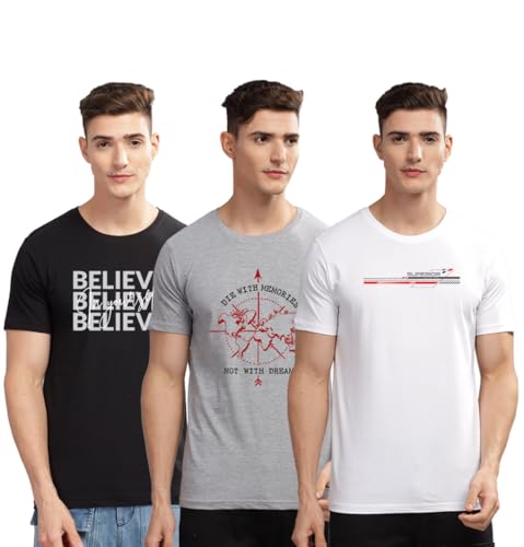 Image of ADRO 100% Cotton Lycra Tshirts for Men Combo Pack of 3 | Regular Fit | Printed T Shirt | Round Neck Half Sleeve| Mens Tshirts