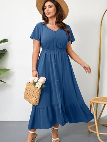 Image of RWJ Women Plus Size Maxi Dress V Neck Short Sleeve Button Trim Split Flowy Tiered Casual Long Dresses 2025 L-3XL