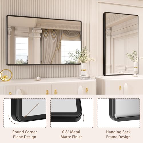 New Upgrade Bathroom Mirror, 48X30 Inch Black Metal Frame Wall Mounted Rounded Rectangle Bathroom Vanity Mirror with Tempered Glass for Washroom Bedroom Living Room