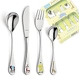 Inhalt: 1x Kinder Gabel, 1x Kinder Messer, 1x Kinder Löffel, 1x kleiner Löffel - Material: Klingenstahl 13/0, Edelstahl 18/10 poliert. Rostfrei, Mit tollen bunten Tiermotiven