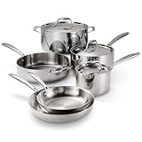 9-Piece Set Includes: 2 Frying Pans (8" and 10"), 2 Sauce Pans with lids (1.5-qt and 3-qt), a 3-qt Saute Pan with helper handle, a 5-qt Dutch Oven, and a lid that fits the saute pan and the dutch oven. Tri-Ply Clad Construction: Features an aluminum ...