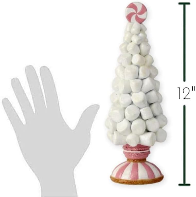 The Bridge Collection 12" Resin Marshmallow Tree with Peppermint Topper on Pink and White Swirl Pedestal with Glitter Accents- Candy Themed Christmas Decor - Dessert Style Holiday Decoration