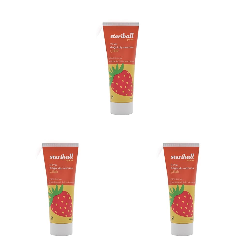 Steriball Doğal Diş Macunu Florürsüz 75 ML - Çilek Florür İçermez, Hidroksiapatit ile Tam Koruma, Vegan (3 paketi)