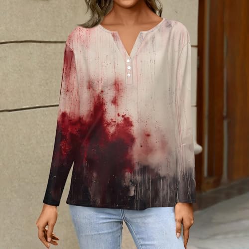 Halloween Tshirts Adults Long Sleeve Bloody Graphic V Neck Tunic Tops 2025 Fall Funny Witch Printing Button Blouse2
