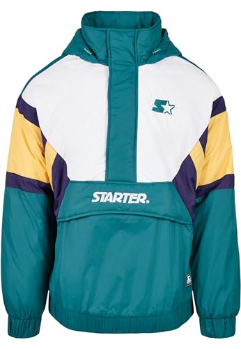 STARTER BLACK LABEL Chaqueta cortavientos para hombre Color Block Half Zip Retro, Verde retro, blanco, azul y amarillo, S