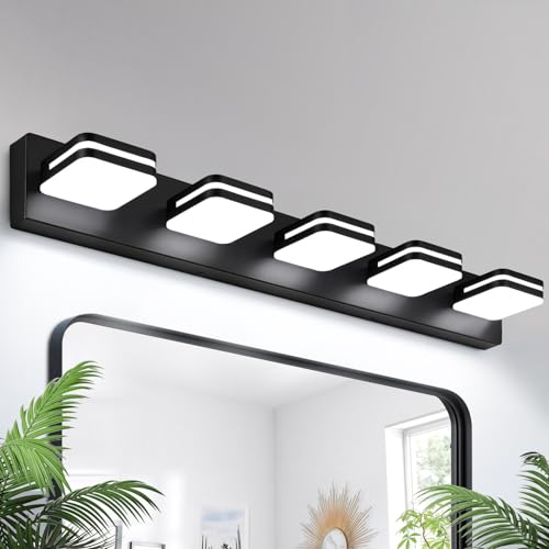 Image of Torondo 360 Rotate LED Bathroom Vanity Light Fixtures, Acrylic Vanity Lights for Bathroom, Modern Wall Lighting Fixtures Over Mirror Living, Matte Black, Natural White, 5-Light, 34-Inch