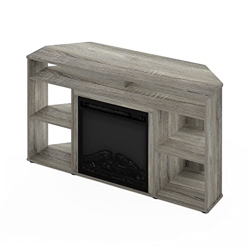 Image of Furinno Jensen Corner TV Stand with Fireplace for TV up to 55 Inches, French Oak Grey