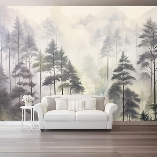 Fondos de pantalla con imágenes panorámicas Acuarela Bosque Nubes Montañas Decoración de pared decorativa para el dormitorio del hogar 200 x 140 cm para decoración papel tapiz multiusos Vistoso