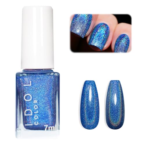 Blue Nail Polish - Iridescent Holographic Nail Polish - Blue Glitter Nail Varnish Rainbow Effect - Air Quick Dry Nail Varnish - Super Sparkly Laser Nail Art Paint For Women Nail DIY