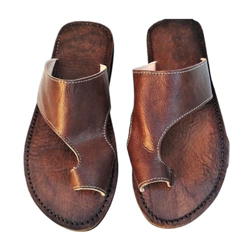 Men Toe Ring Casual Summer Leather Bunion Corrector Slip-On Sandals, Front and Rear Hollow Fish Mouth Square Toe Corrector Flip Flops, for Flat Feet and Plantar Fasciitis Orthopedic(Coffee,10)